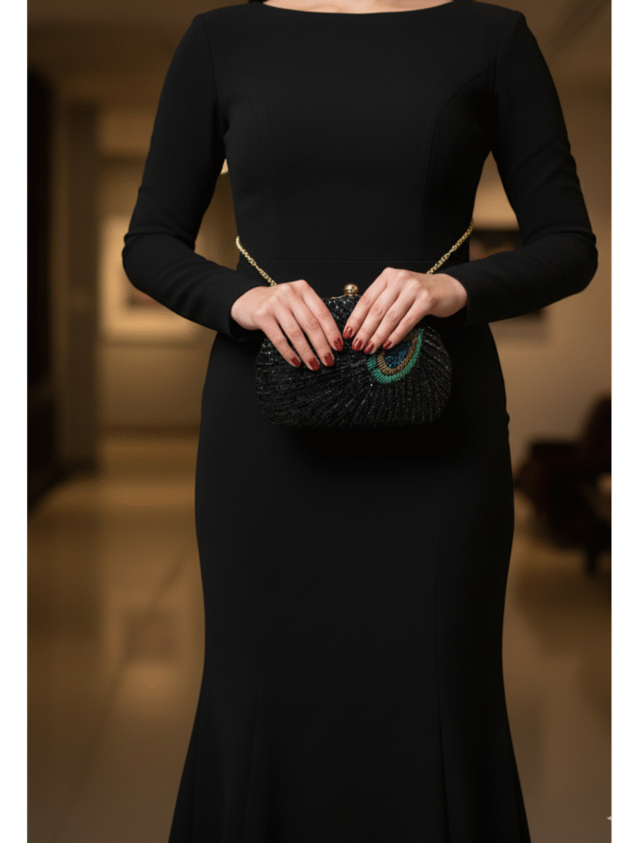 Luxury Sequined Peacock Motif Oval Evening Clutch