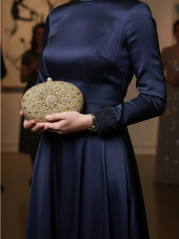 Sparkling Golden Rhinestone Oval Clutch Bag