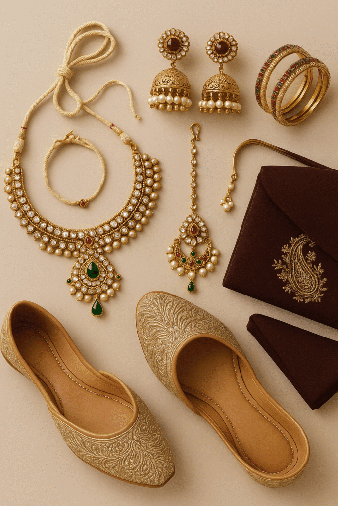 Picture showcasing women assessories like neckless, shoes, jhumka, bindi