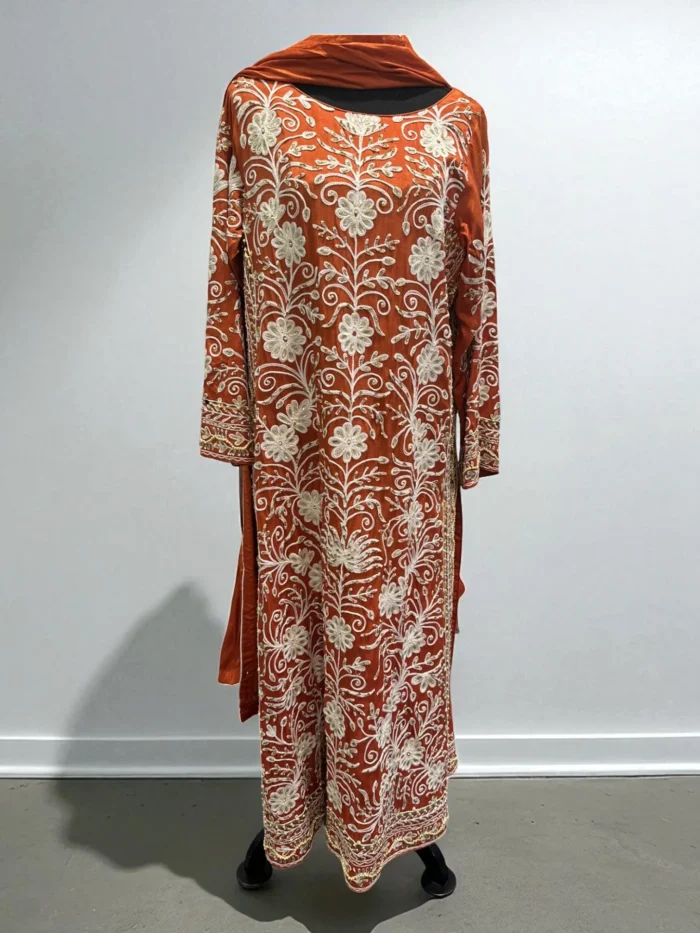 Rust Russian Silk Embroidered Palazzo Ensemble