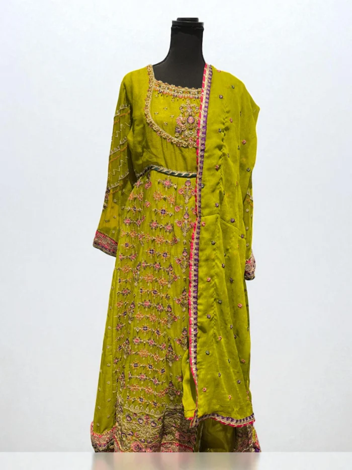 Green Multi-Color Embroidered Front-Open Anarkali