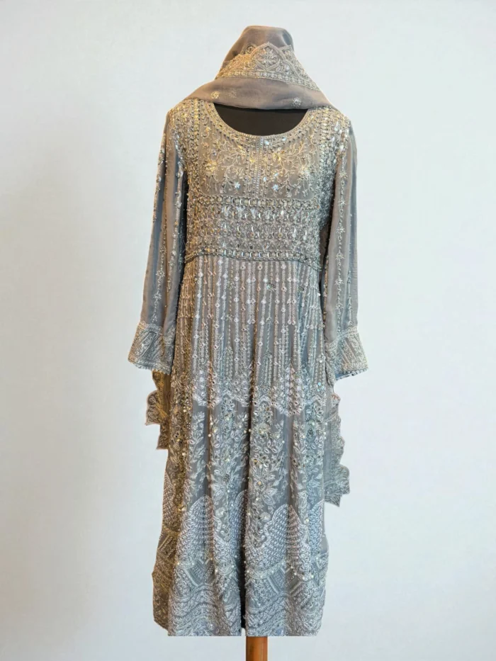 Grey Threadwork & Sequins Maxi Dress