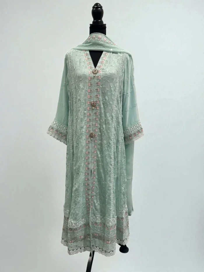 Mint Chiffon & Pink Threadwork Gown Dress