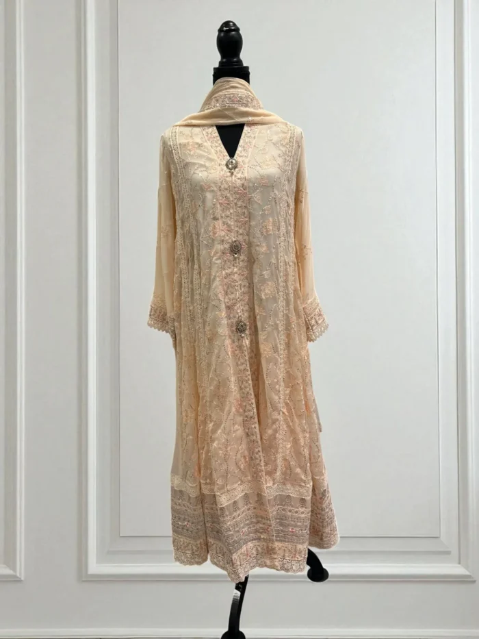 Peach Chiffon & Kundan Button Gown Dress