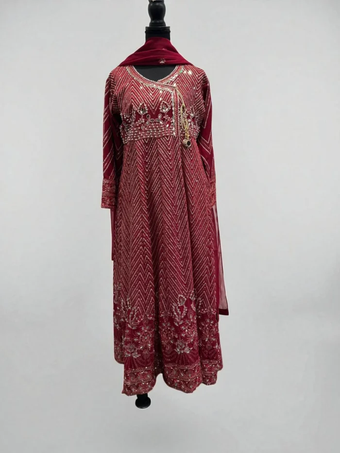 Maroon Angrakha Style Mirror Work Maxi Dress