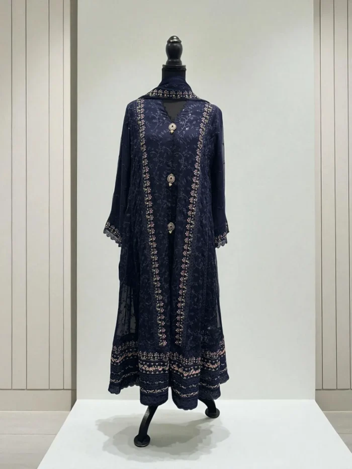 Navy Blue & Green Threadwork Gown Dress