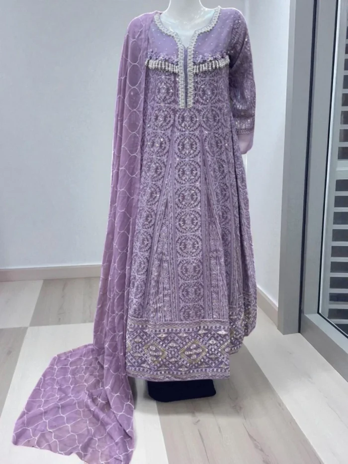 Lavender Chiffon Floral Embroidered Maxi Dress