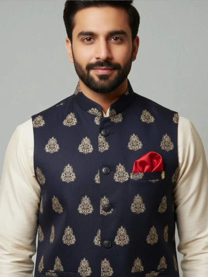 A man's navy blue waist coat (or Nehru jacket) with gold damask print/brocade and a heavily embroidered border, styled with a bright red silk pocket square.