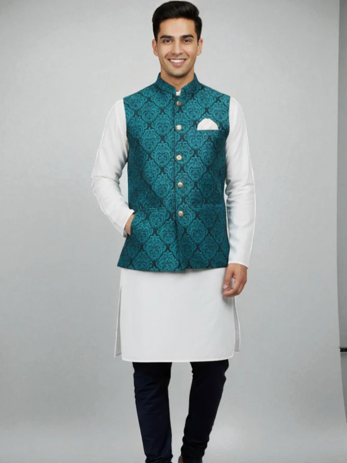 Men's Teal Blue Jacquard Patterned Waistcoat