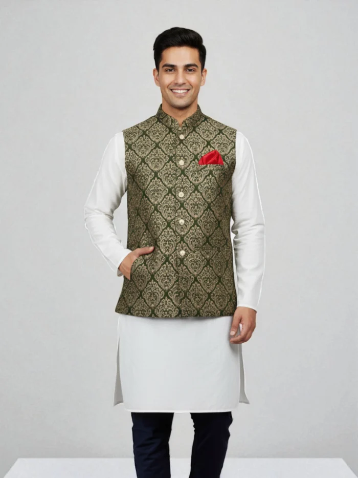 Embroidered Raw Silk Waistcoat (Mustard & Olive Green)