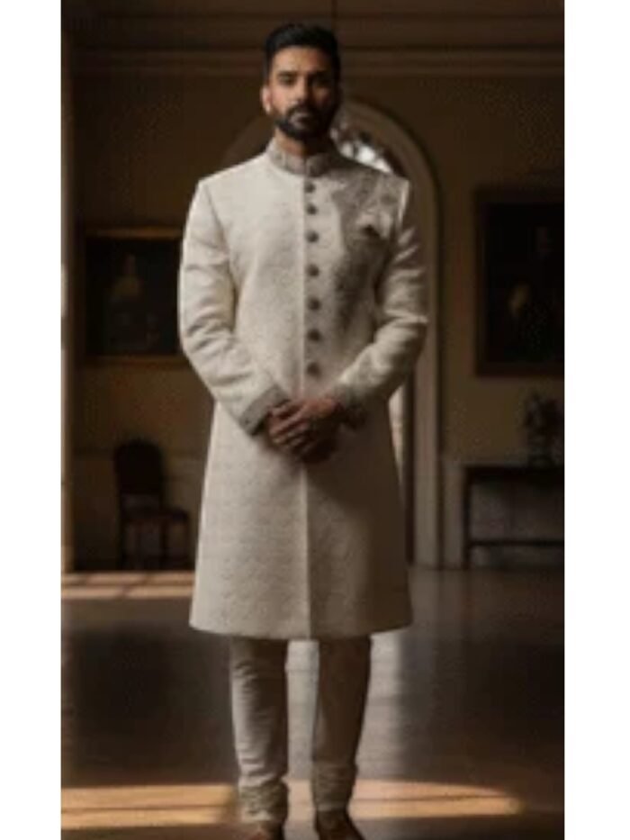 A long, off-white sherwani with an all-over patterned texture/embroidery, a high band collar, and a full button-down front.
