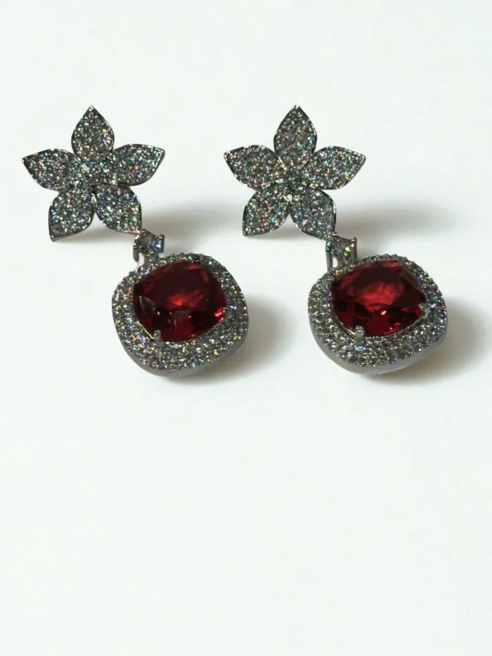Silver & Wine Red AD Stone Floral Drop Earrings