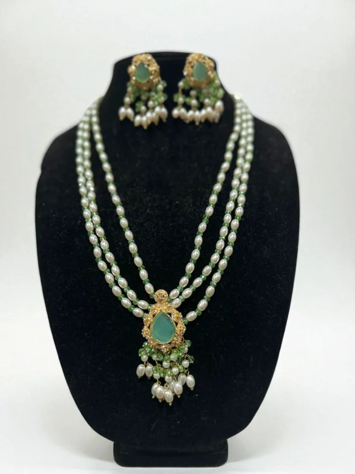 Gold Plated Pearl & Stone Long Mala Set