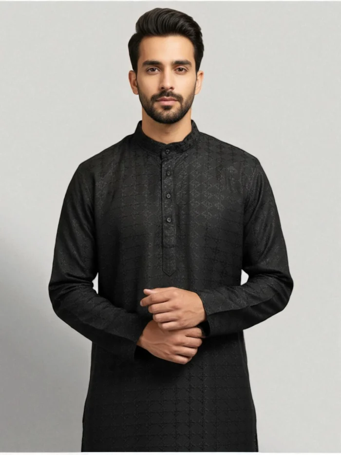 A black kurta with a band collar and subtle textured or patterned embroidery running down the front placket and chest.