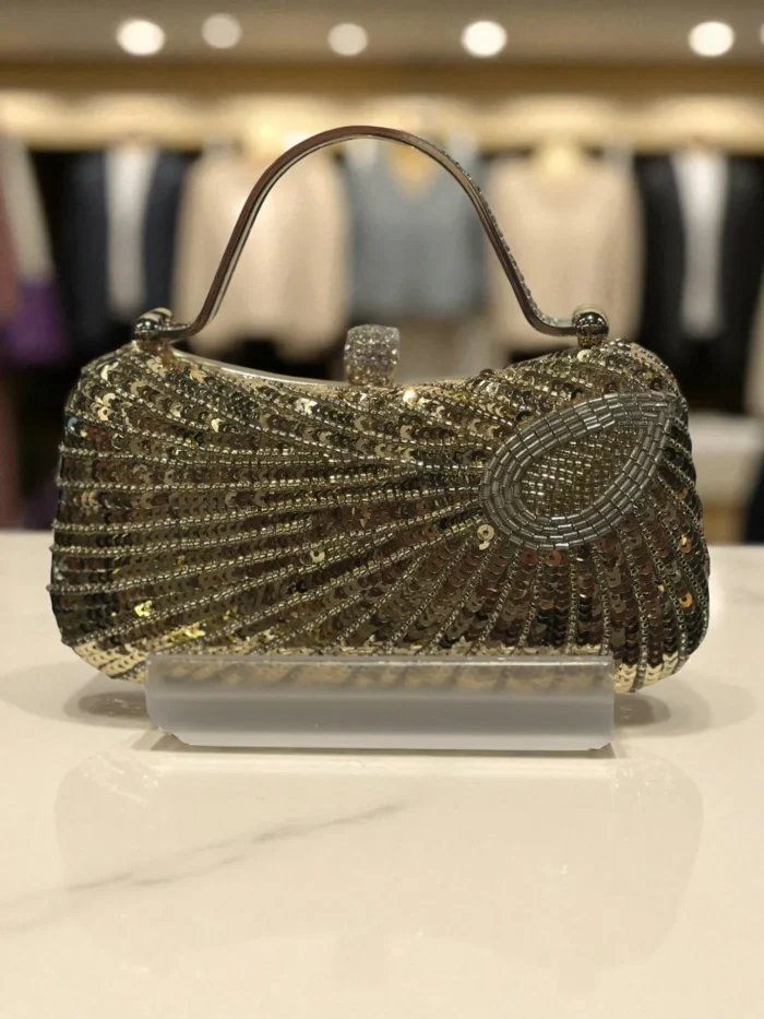 Golden Sequin Fan Pattern Evening Clutch