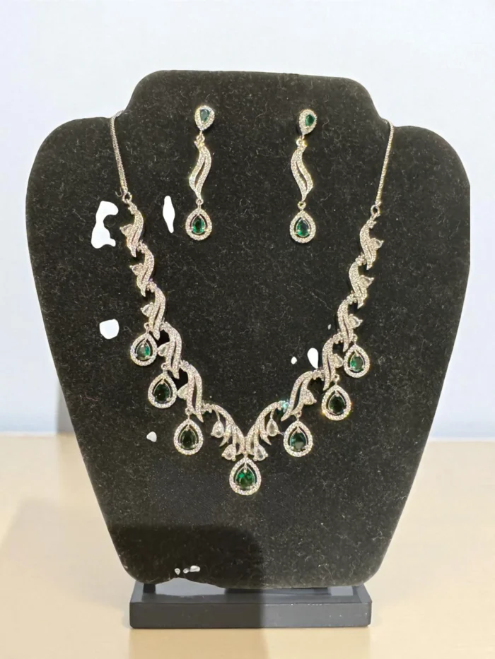 Silver & Emerald Green AD Stone Necklace Set