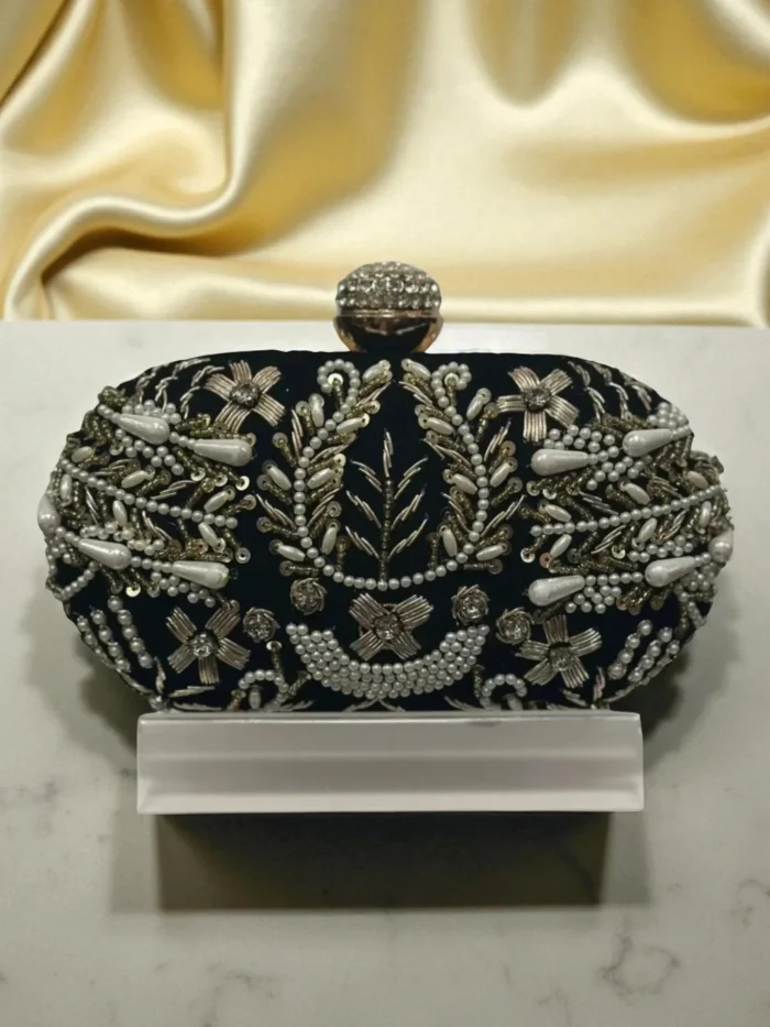 Black Velvet & Gold Filigree Statement Clutch
