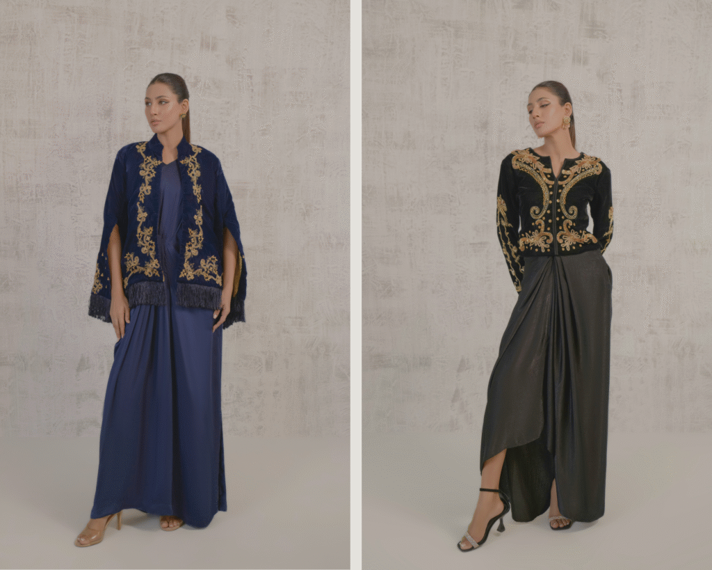 two women wearing black and blue dress and posing amazingly