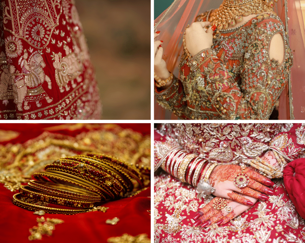 a collage of 4 photos showcasing bridal dresses
