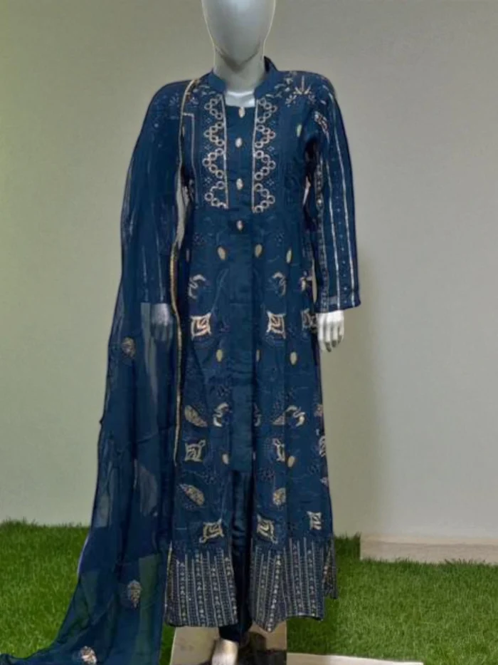 Teal blue long viscose gown with intricate gold zari embroidery and a matching chiffon dupatta.