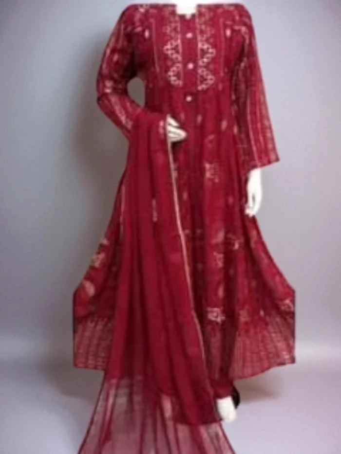 Red long viscose gown with all-over gold ethnic print and a matching red chiffon dupatta