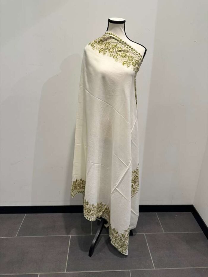 Long ivory Kashmiri pashmina shawl with heavy floral embroidery in beige and mint green along all four borders.