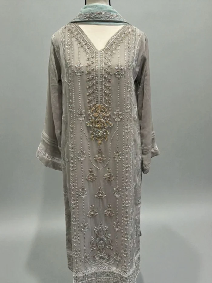 Long grey chiffon kurta with allover thread embroidery and hand work on the V-neckline, paired with a light ice blue dupatta, displayed on a mannequin.