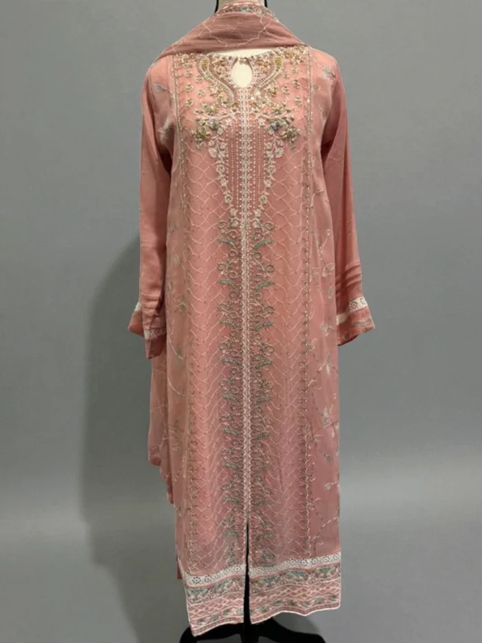Long blush pink chiffon kurta with allover thread embroidery and heavy metallic hand work on the keyhole neckline, displayed on a mannequin with the matching dupatta draped around the shoulders.