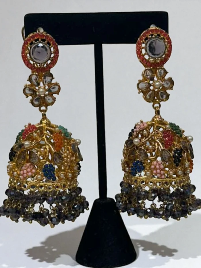 large gold-plated Nauratan jhumka earrings with Blue colored stones