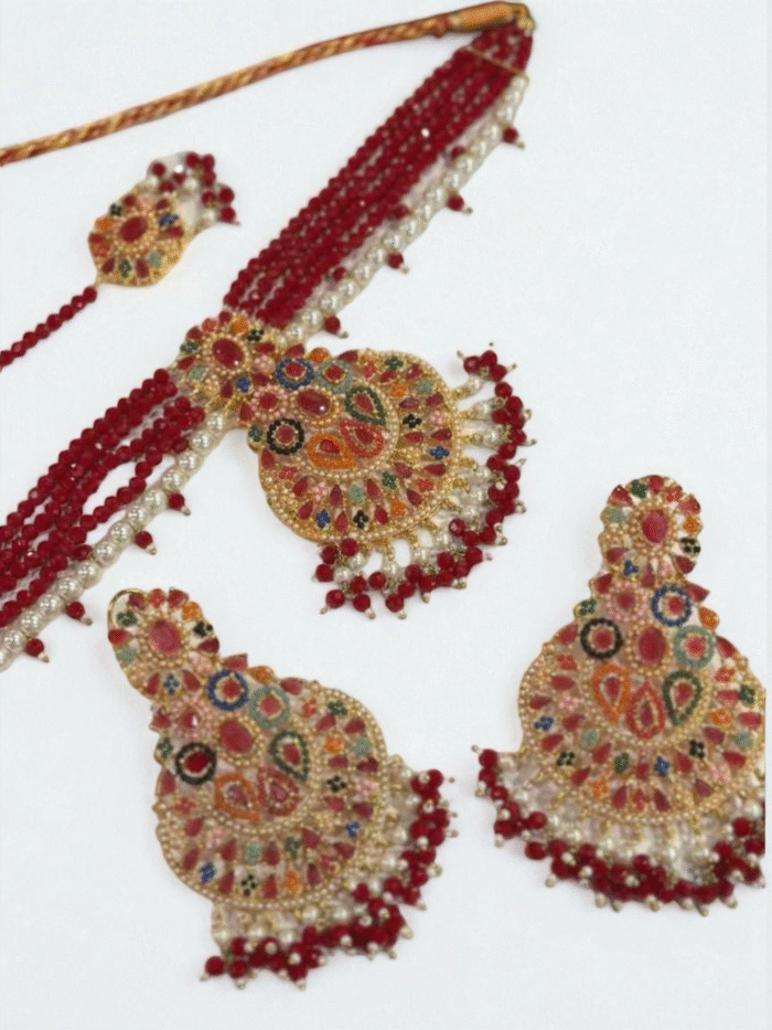 Gold plated choker set with red crystal beads, multi-color enamel work, and red bead drops.