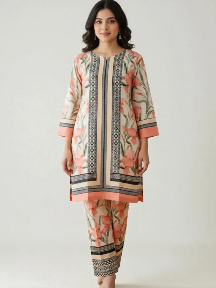 Female model wearing a cream and peach floral silk Kurta set with prominent black and white geometric vertical stripes on the top and matching printed trousers.