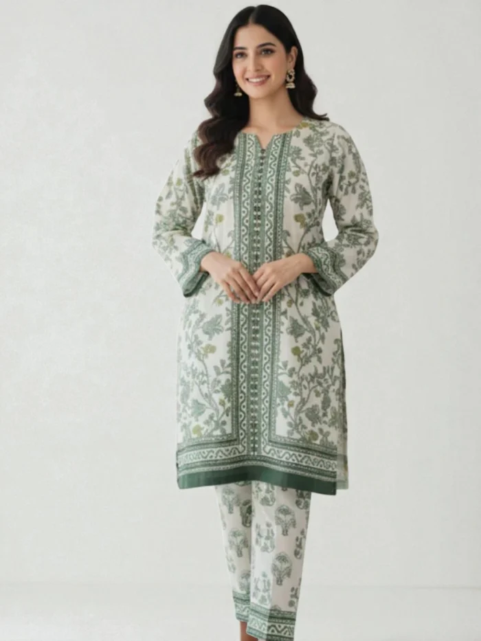 Female model wearing a white silk Kurta set with an all-over sage green botanical or Mughal-style block print and dark green printed borders on the placket and hem.