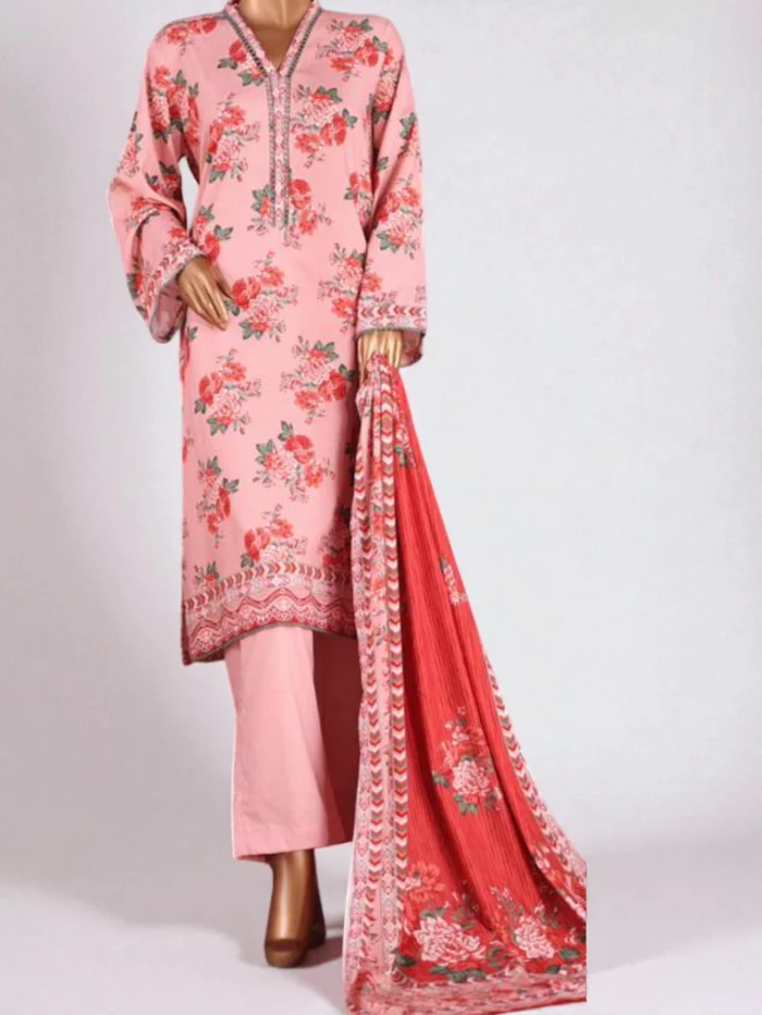 Mannequin wearing a long-sleeved pink cotton viscose Kurta with red floral print, matching trousers, and holding a pink and red dual-panel printed dupatta. Available in sizes S-L (12-16).