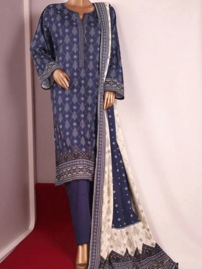 Mannequin wearing a long-sleeved navy blue cotton viscose Kurta with a white geometric print, matching trousers, and holding a dual-tone (navy and cream) printed dupatta. Available in sizes S, M, L.